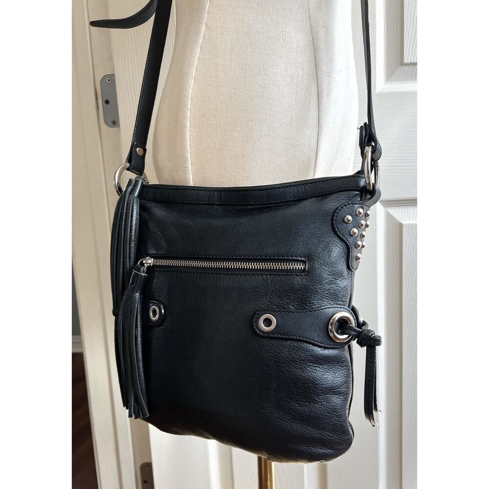 SCULLY Black Leather Frills & Thrills Tassel Harness-Style Crossbody Purse Bag